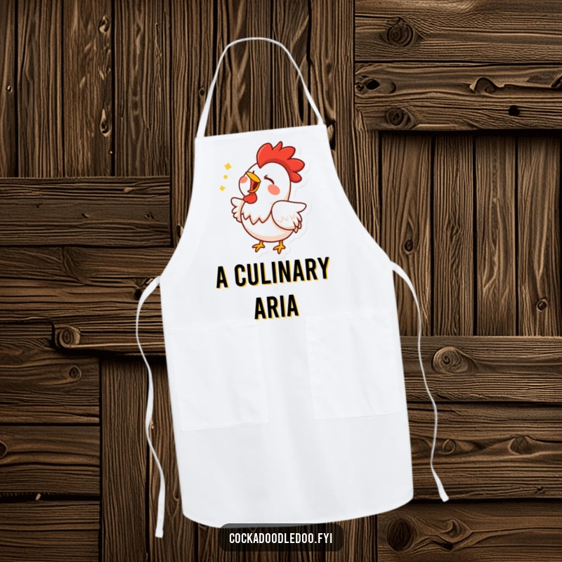 Funny apron design showing a rooster joyfully singing with eyes closed and beak wide open, perfect for a musical cooking session.