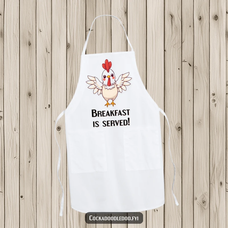 Funny kawaii rooster apron showing a cheerful rooster with wings spread wide in a greeting, a funny kitchen gift.