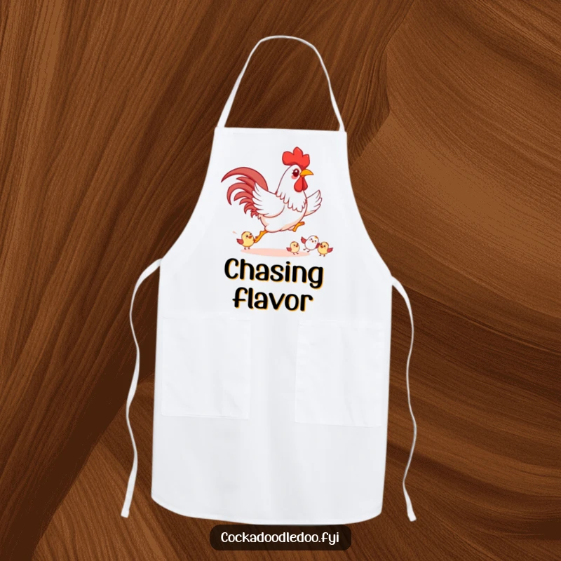 Funny Rooster Apron, showing playful chasing of smaller cartoon birds happily, ideal for cooking.