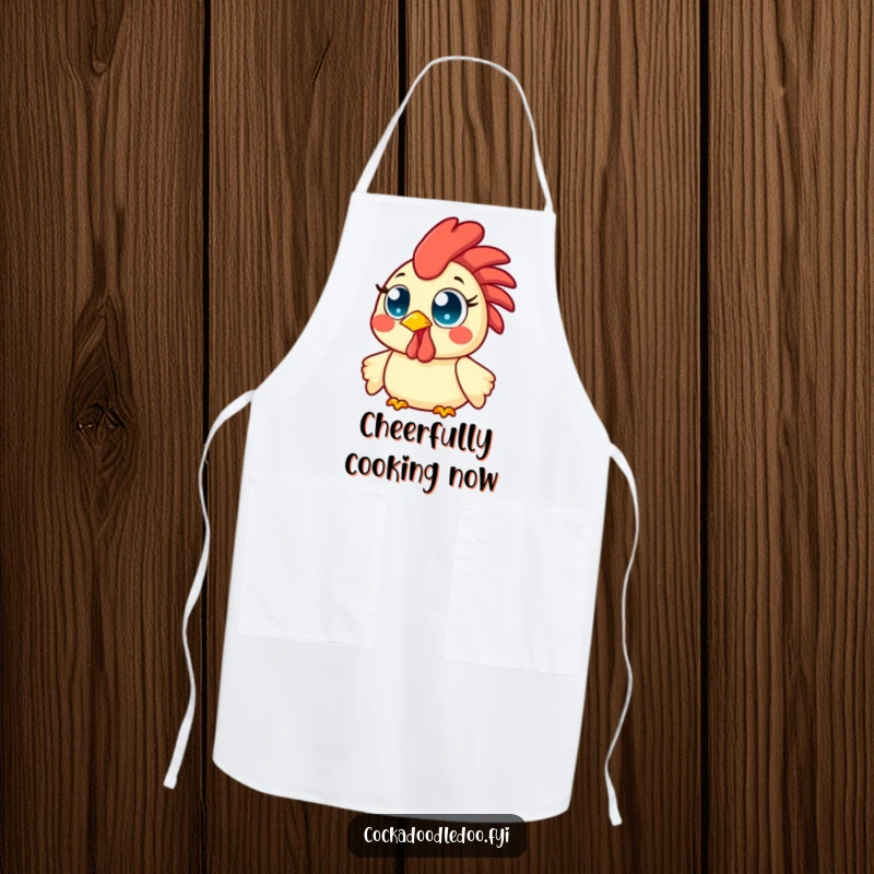 Funny Kawaii Rooster Apron showing a cheerful bird with wide, bright eyes, beaming with infectious morning cheer and happiness.