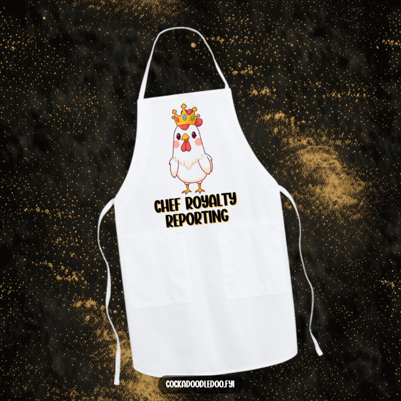 Funny apron illustration of a rooster wearing a small crown, looking comically regal and ready to serve.