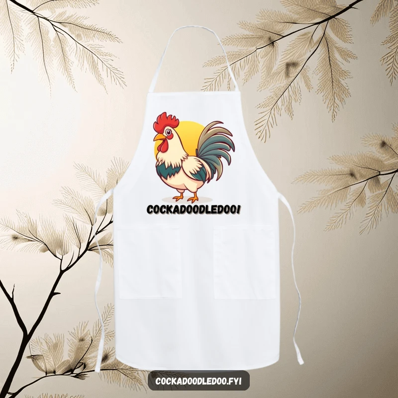 Funny rooster apron with a cheerful bird crowing at the sunrise, perfect for kitchen fun and cooking.