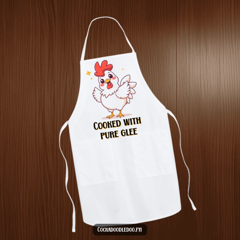 Funny apron showing a rooster with a wide, sparkling grin, joyfully doing a celebratory flutter, adding humor to cooking.
