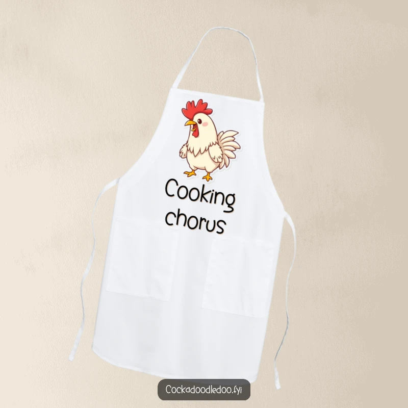 Funny Happy Rooster Crowing Apron: A kitchen apron featuring a determined rooster happily crowing, ready to cook.