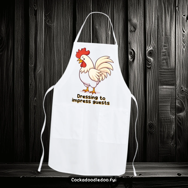 Funny apron illustration of a rooster performing a flamboyant bow, tail feathers fanned out, ready to add humor to the kitchen.
