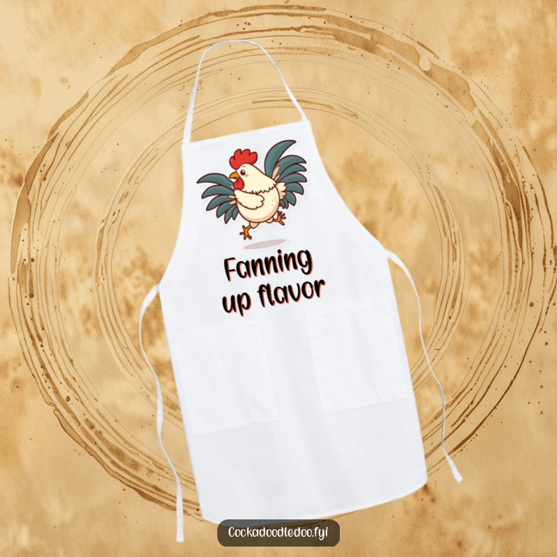 Funny rooster apron showing a character doing a silly hop with tail feathers fanned out, perfect for adding fun to the kitchen.