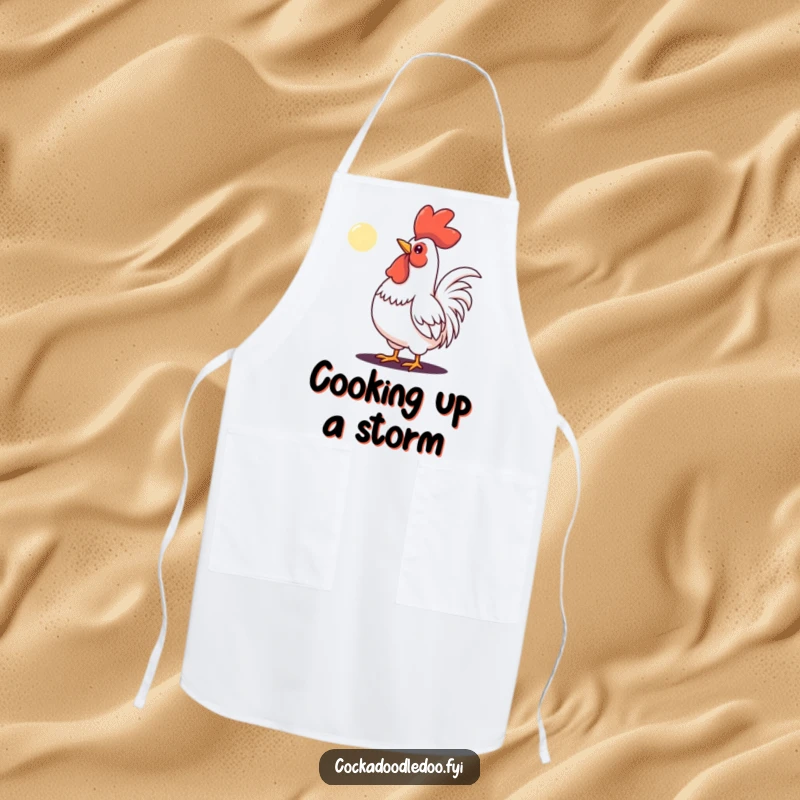 Funny apron illustration of a determined rooster crowing at a tiny moon, ready to inspire culinary greatness.