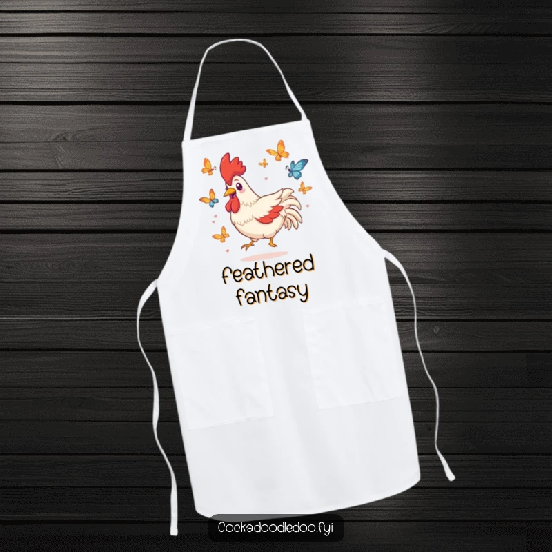 Funny kitchen apron featuring a playful Kawaii rooster character with a grin, chasing butterflies during meal prep.