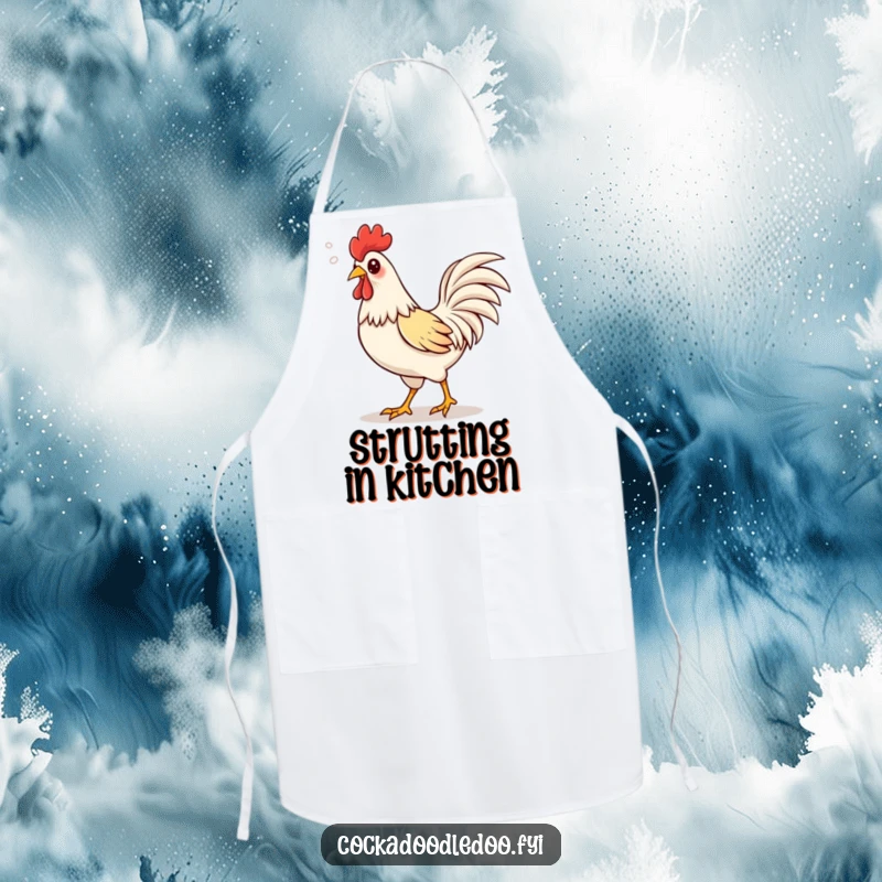 Funny Kawaii rooster apron showing a cute rooster strutting proudly, puffs of air escaping its beak in a happy sound.
