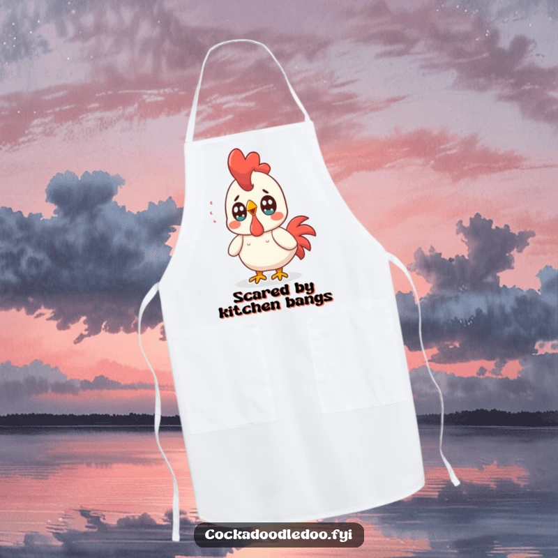 Funny Kawaii Rooster Apron: Surprised rooster with wide eyes, adding hilarious shock to kitchen activities.