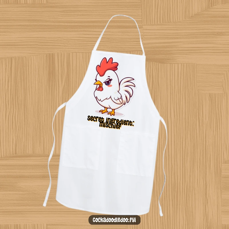 Funny mischievous kawaii rooster apron showing a rooster with a naughty glint in its eye, ready for kitchen fun.