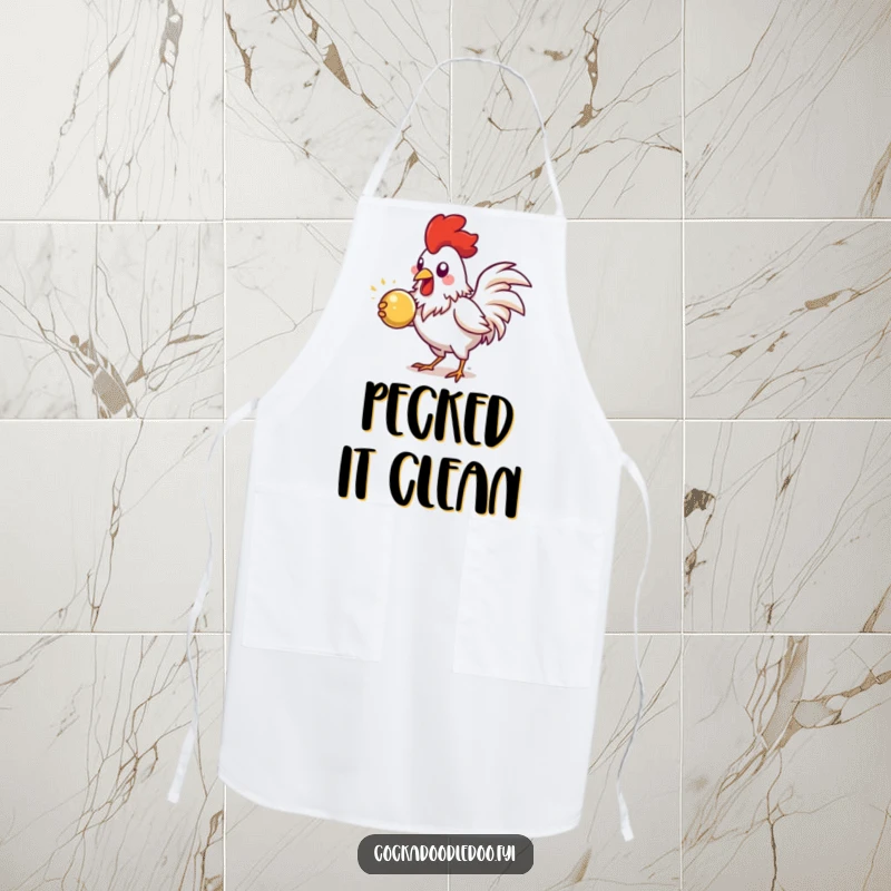 Funny Rooster Apron, showing energetic pecking at a shiny object, ideal for cooking with focus.