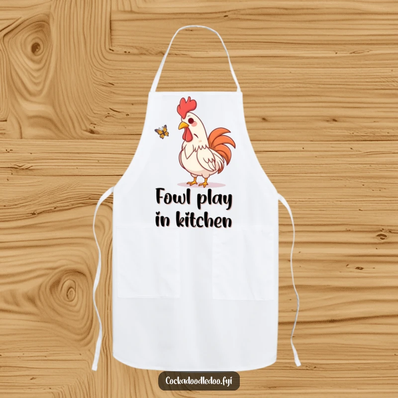 Funny apron featuring an amused rooster character visually chuckling while watching a butterfly flutter by, designed for kitchen enjoyment.
