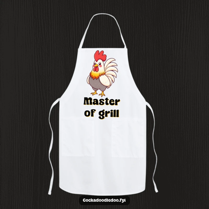 Funny Rooster Apron: A stylized rooster with vibrant feathers proudly puffing its chest, perfect for adding confident flair to cooking.