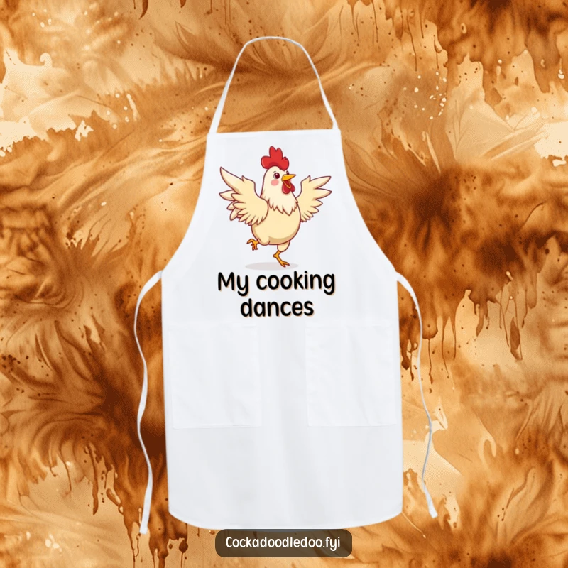 Funny apron featuring a joyful rooster dancing a lively jig with its wings spread, adding a humorous and energetic touch to cooking.