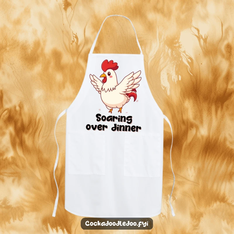 Funny rooster apron showing a rooster comically flying through a sunny sky, wings spread wide, perfect for kitchen fun.