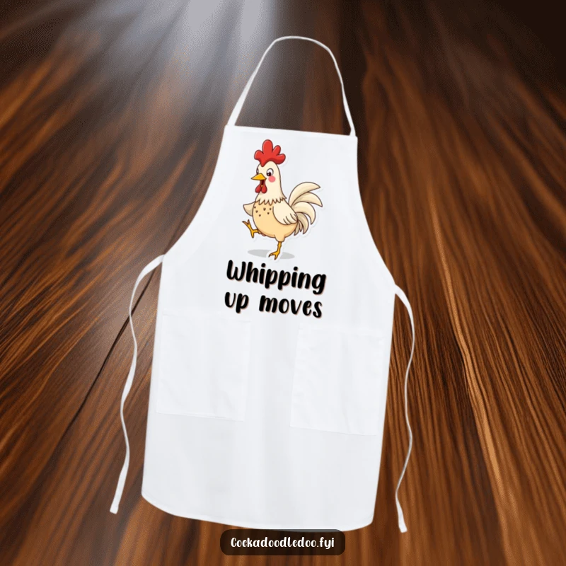Funny Rooster Jig Apron: A kitchen apron featuring a funny rooster dancing energetically while cooking, comb bobbing.