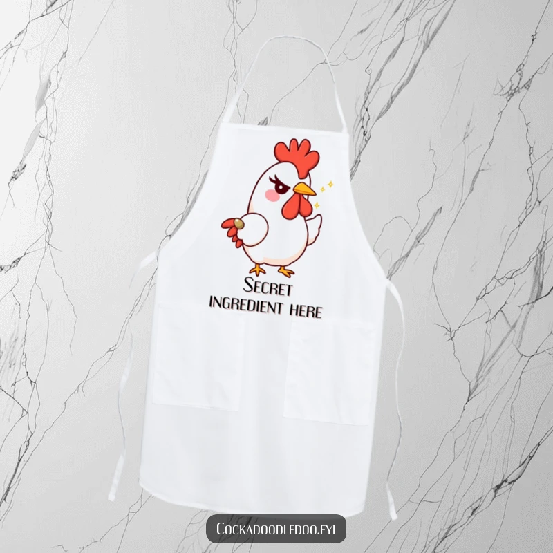 Funny rooster apron showing a character with a mischievous wink, offering a tiny, sparkling seed, perfect for adding playful charm to the kitchen.