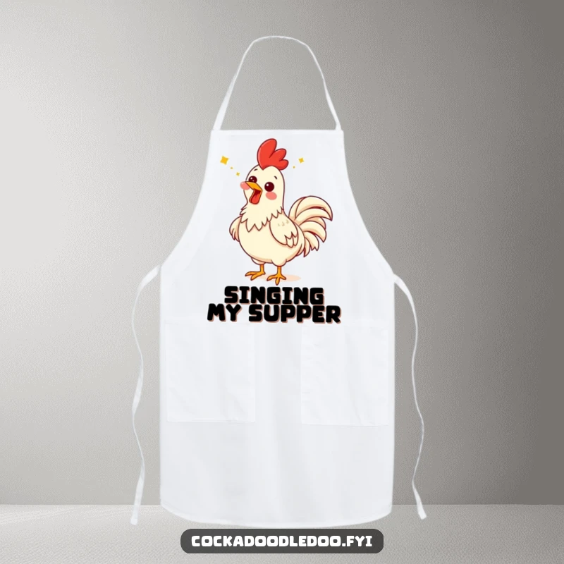 Funny rooster apron featuring a rooster with a comical expression, head back singing while cooking.