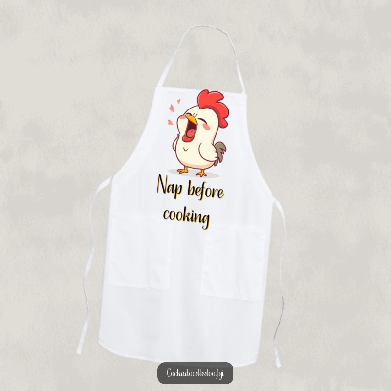 Funny apron illustration of a rooster with a gigantic, comical yawn, eyes barely open, embodying morning fatigue.