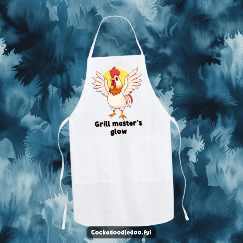 Funny apron design of a rooster stretching its wings wide to soak up the sun, perfect for a cheerful cooking experience.