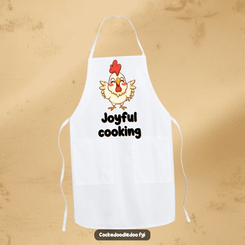 Funny apron featuring a stylized rooster with an exaggerated joyful expression, perfect for adding humor to cooking.
