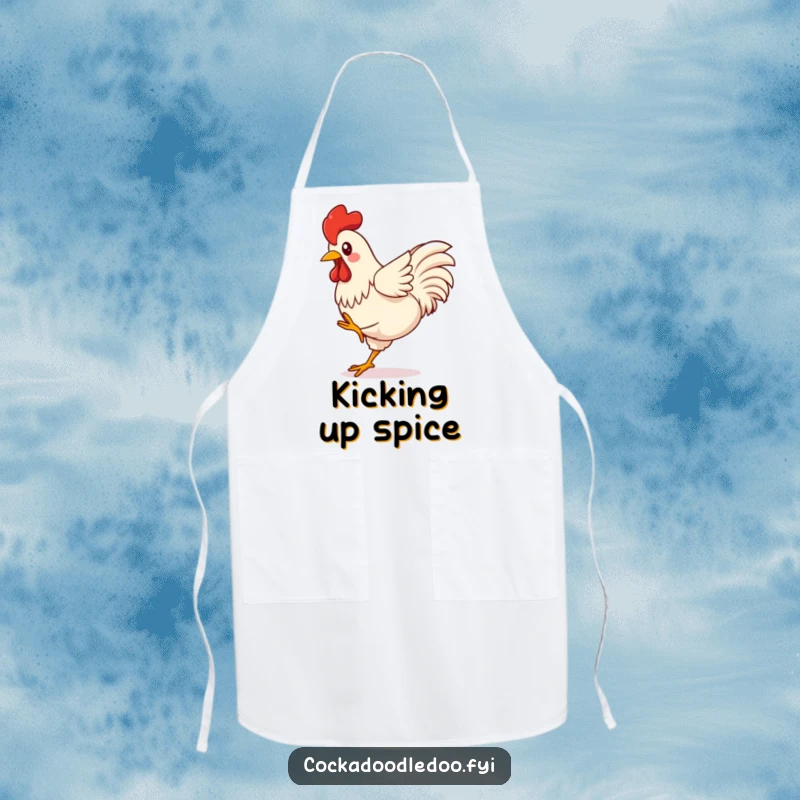 Funny Kawaii Rooster Apron showing a bird kicking its legs with joyful abandon, radiating pure, unadulterated, playful energy.