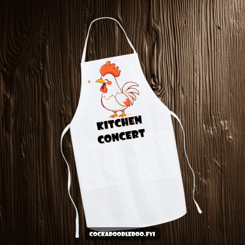 Funny Rooster Apron: A cartoon rooster with a golden comb, singing loudly, perfect for adding humorous flair to kitchen tasks.