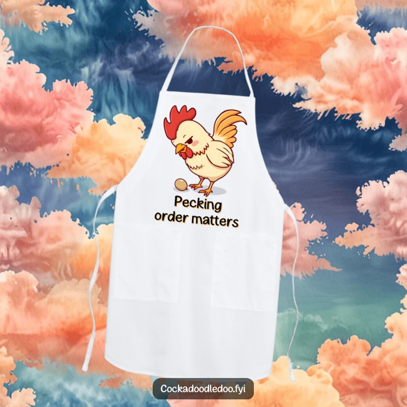 Funny apron with a small, determined rooster pecking enthusiastically at a tiny seed, perfect for a humorous kitchen experience.