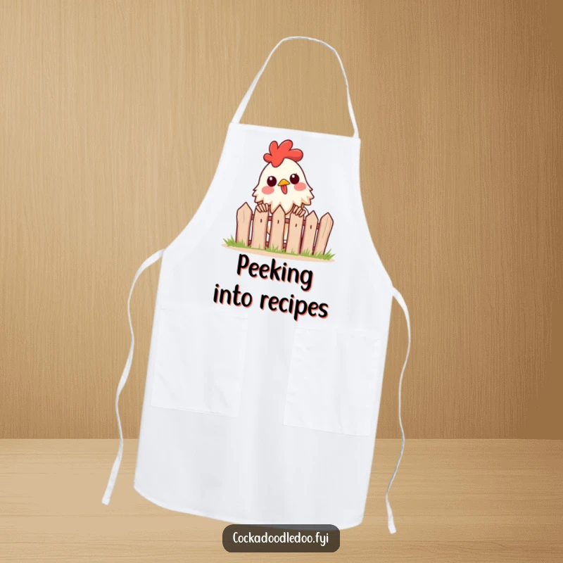 Funny apron featuring a rooster excitedly peeking over a tiny fence, perfect for a cook who loves to explore new culinary horizons.