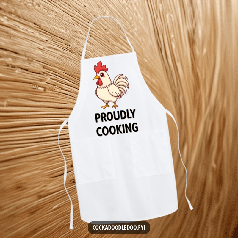Funny Rooster Apron, showing chest puffed out and striking a proud pose, ideal for cooking.
