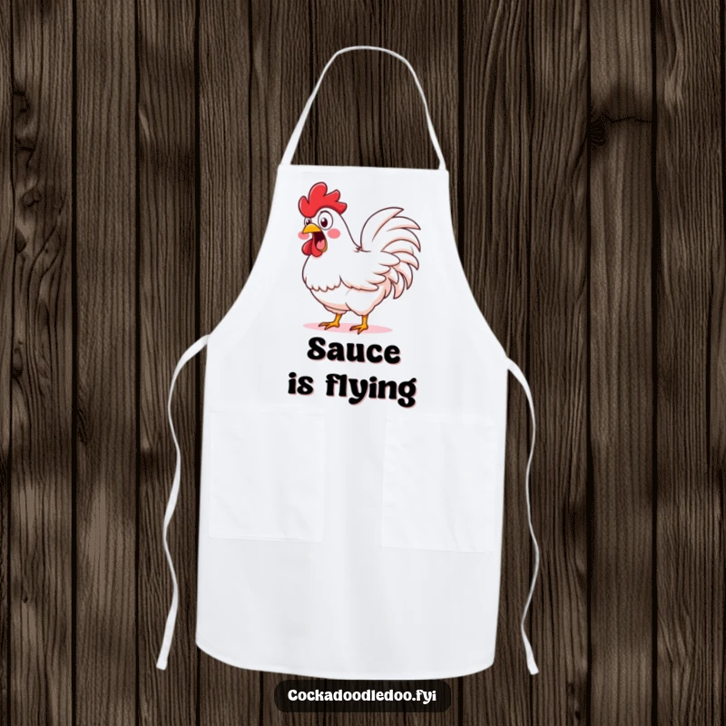 Funny Shocked Rooster Apron: A kitchen apron featuring a rooster with wide eyes, shaking its fluffy tail in shock.