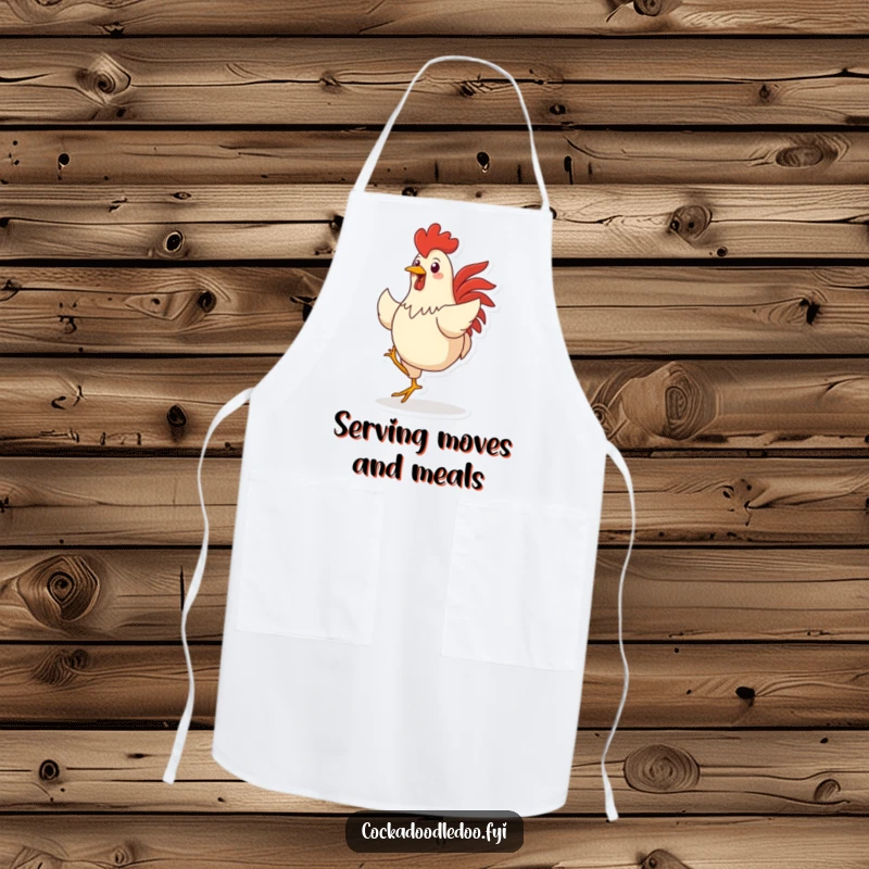 Funny apron design featuring an ecstatic rooster character performing a jaunty dance, perfect for a joyful cooking experience.