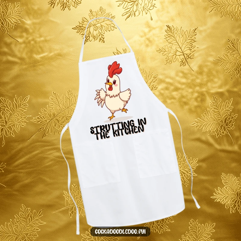 Funny rooster apron showing a cheerful character rooster with comb held high, doing a joyful strut, designed for kitchen fun.