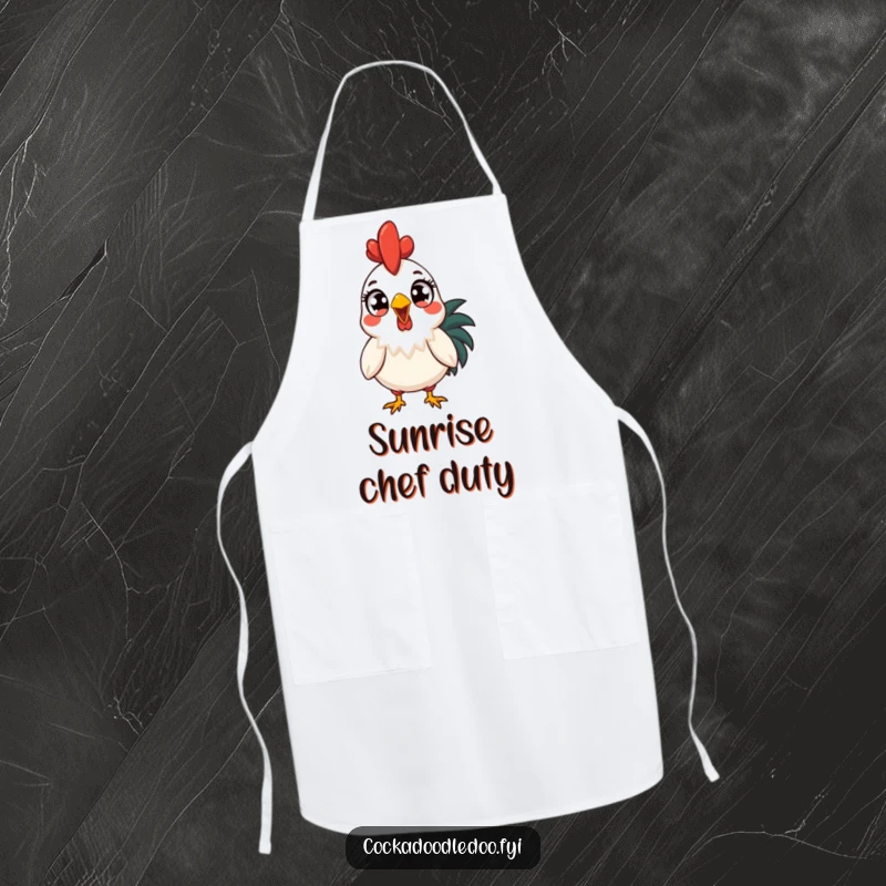 Funny surprised rooster apron, shocked by the morning sun during cooking. A humorous kitchen essential, perfect for chefs who love funny gifts.