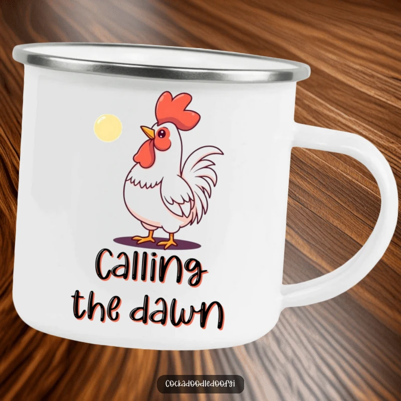Funny enamel camping mug featuring a determined rooster crowing at a tiny moon, symbolizing ambition on the go.