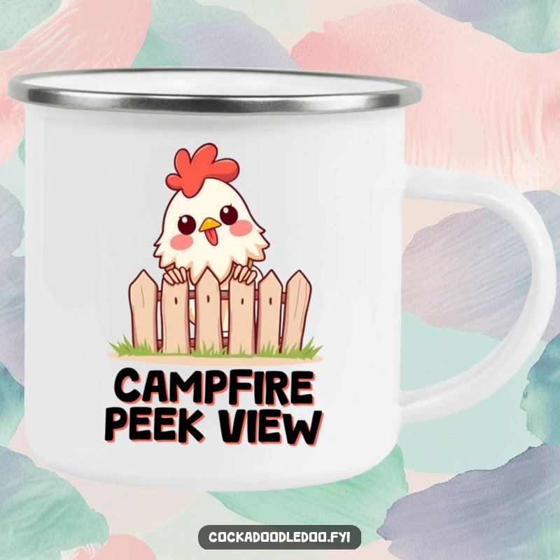 Funny camping mug featuring an excited rooster peeking over a tiny fence, perfect for enjoying beverages outdoors with a curious outlook.