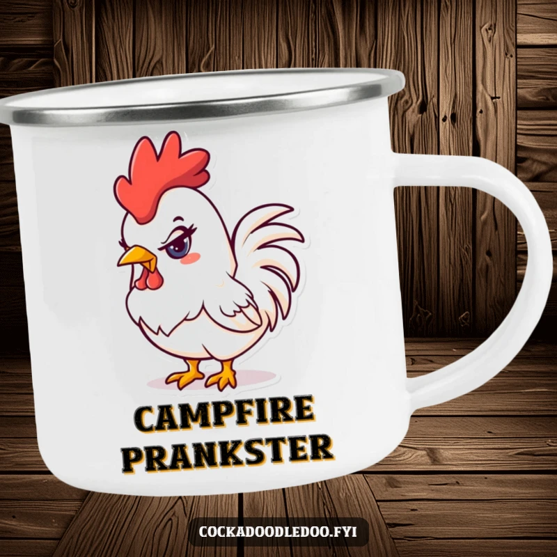 Funny mischievous kawaii rooster camping mug showing a rooster with a naughty glint in its eye, a durable funny gift.