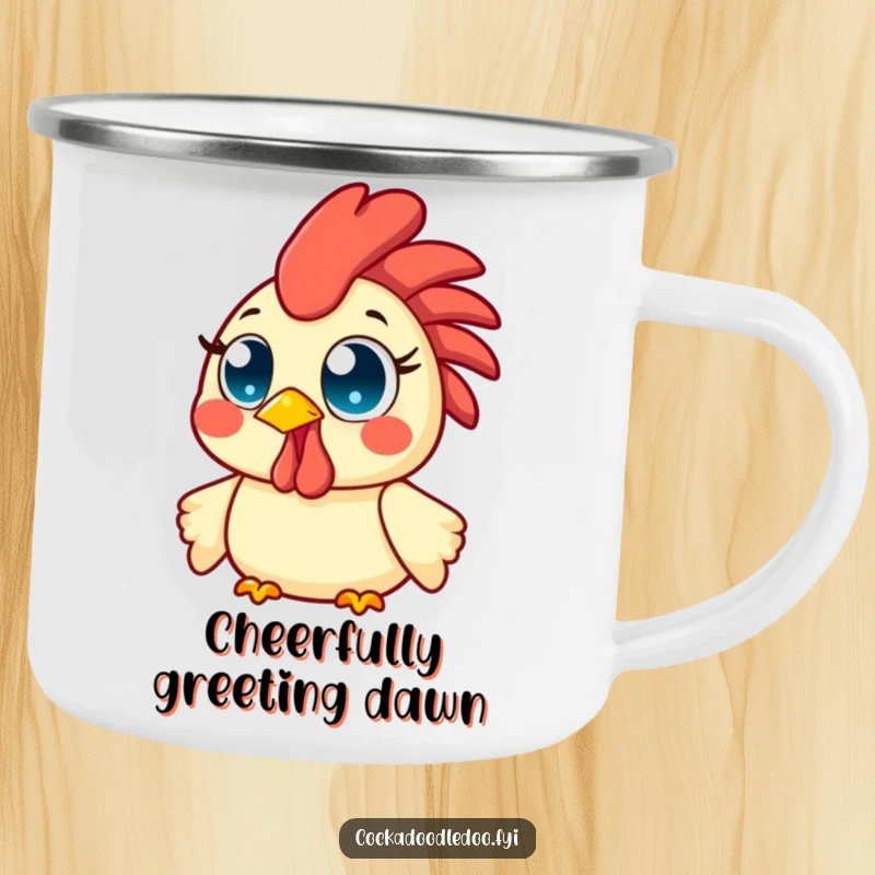 Funny Kawaii Rooster Camping Mug featuring a happy bird with wide, bright eyes, beaming with infectious morning cheer.