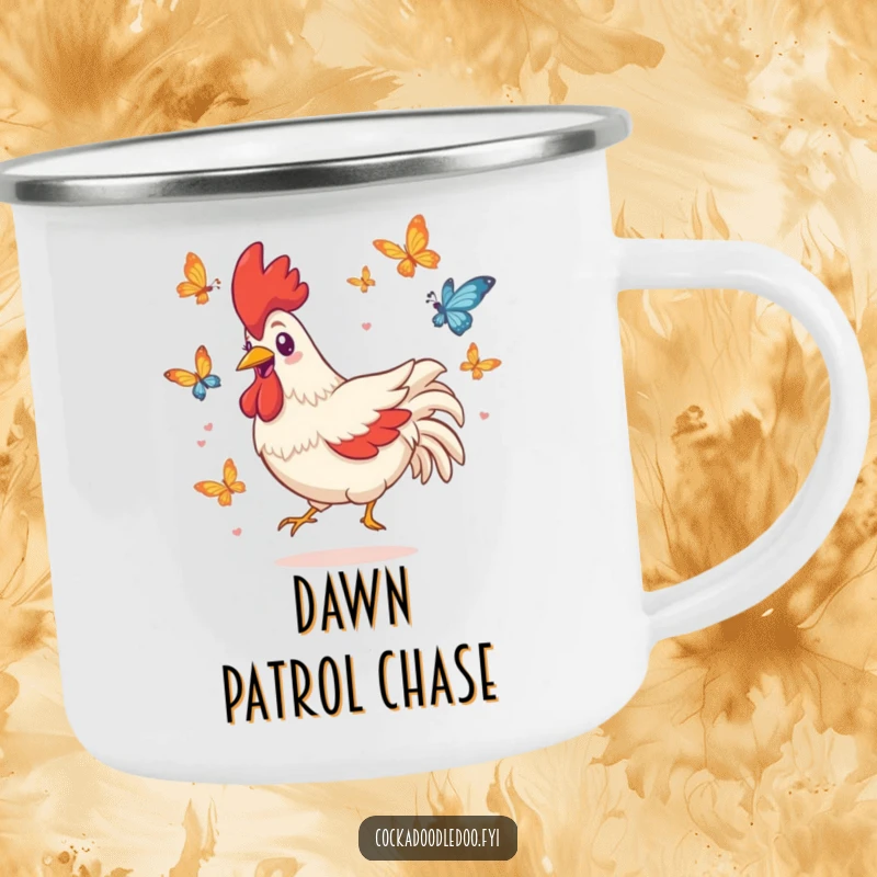 Funny camping mug featuring a playful Kawaii rooster with a grin, chasing butterflies during an outdoor adventure.