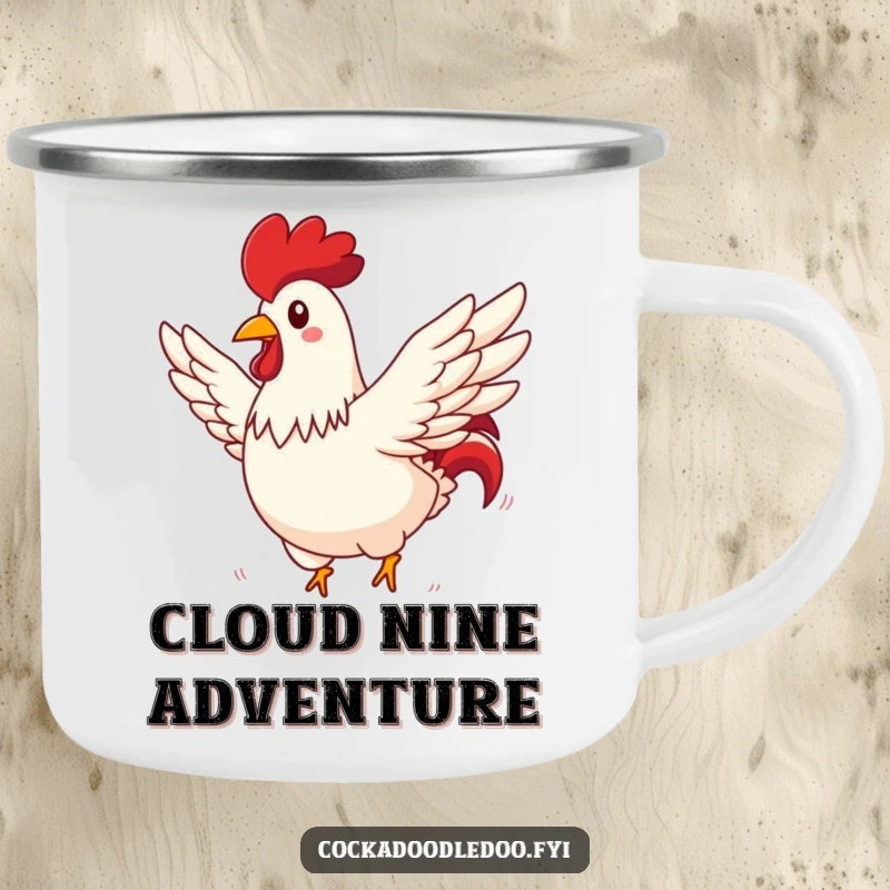 Funny rooster camping mug showing a rooster comically flying through a sunny sky, wings spread wide, perfect for outdoor fun.