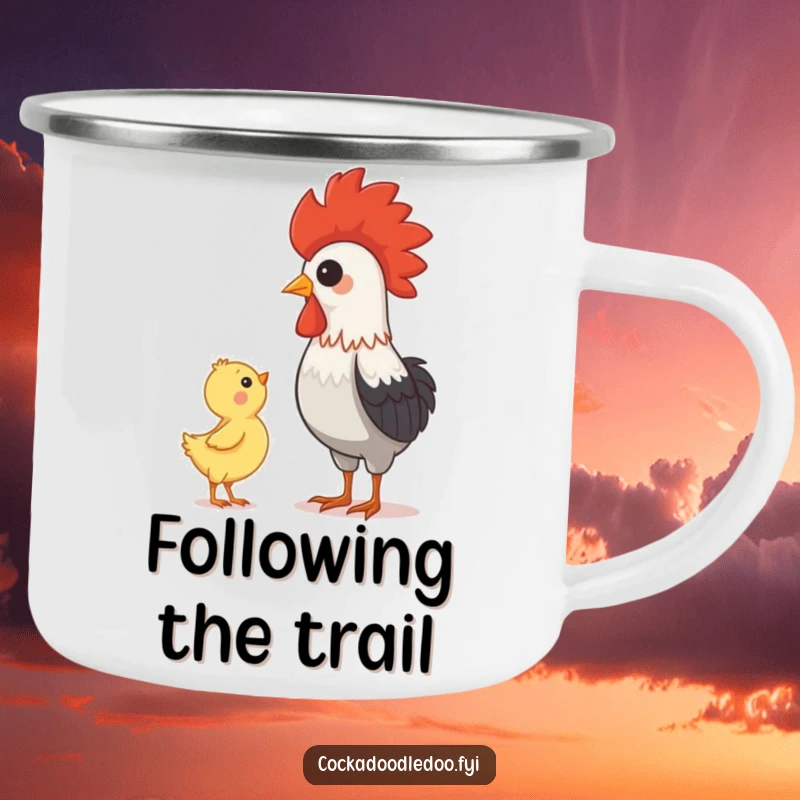 Funny rooster and chick scene on a sturdy camping mug, celebrating mentorship and companionship during outdoor adventures.