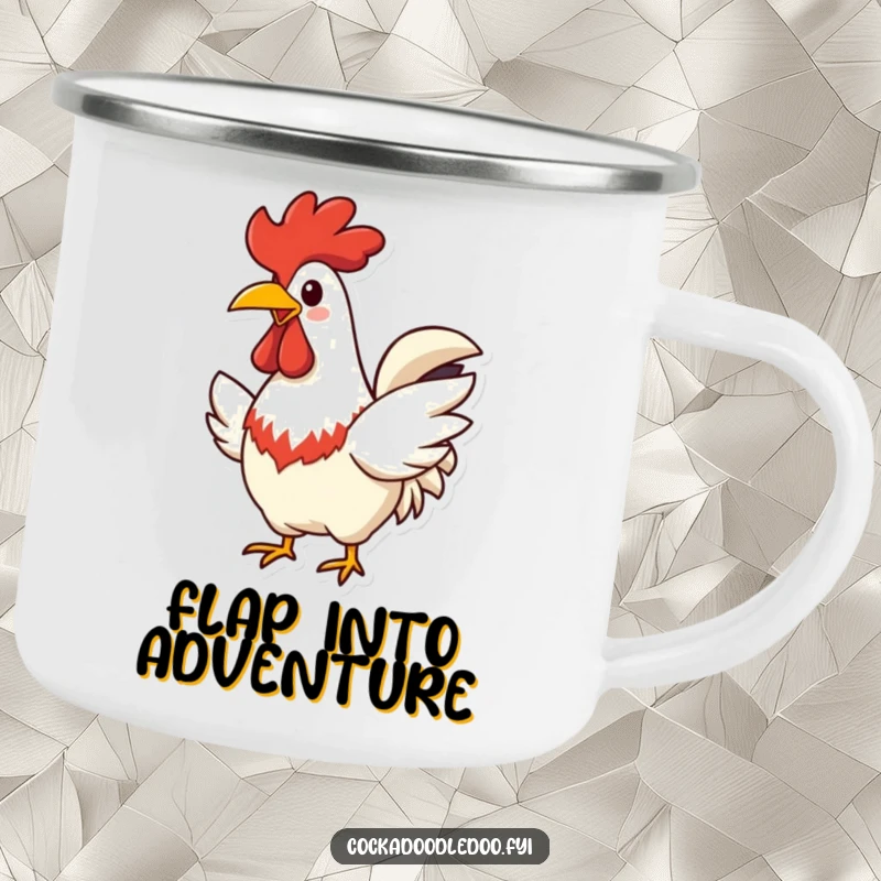 Funny Rooster Camping Mug, wide cheerful beak, flapping wings happily, durable and humorous for outdoors.
