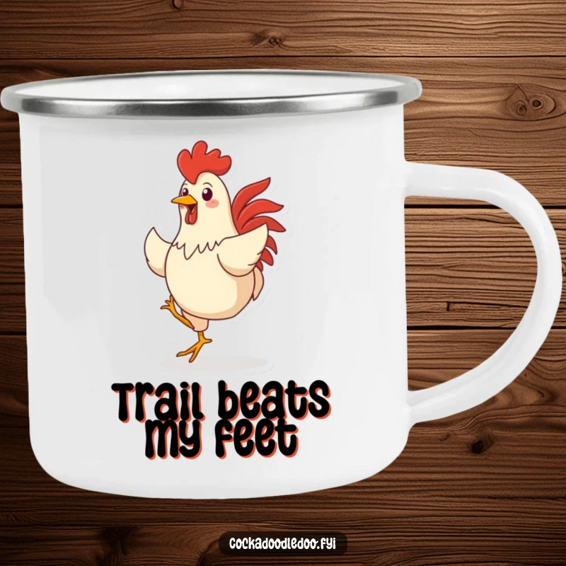 Funny camping mug featuring a lively rooster character doing a happy dance, ideal for enjoying drinks outdoors with a smile.