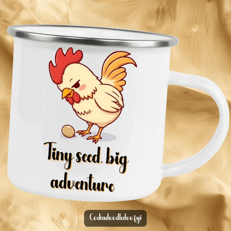 Funny camping mug showing a small, determined rooster pecking at a tiny seed, a humorous companion for outdoor enthusiasts.