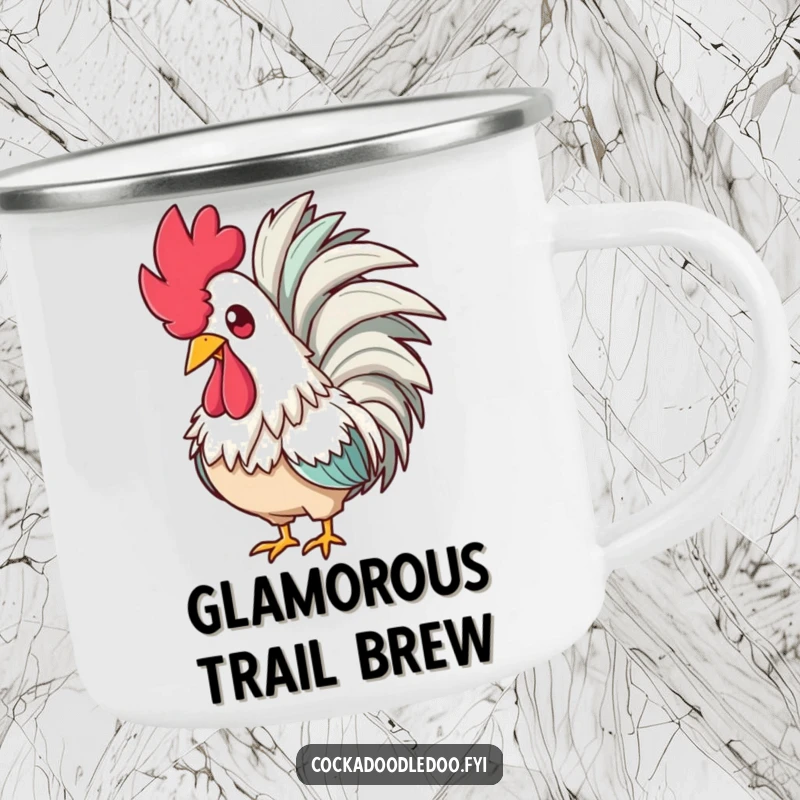 Funny camping mug with a glamorous rooster wearing a feathered boa, looking amused, perfect for outdoor adventures with style.