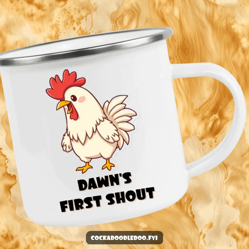 Funny Happy Rooster Crowing Camping Mug: An enamel mug with a determined rooster happily crowing, perfect for outdoors.