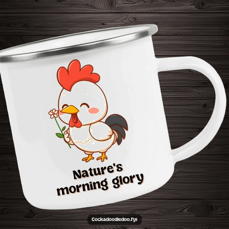 Funny Kawaii rooster camping mug featuring a cheerful character holding a tiny flower. Durable and full of smiles.