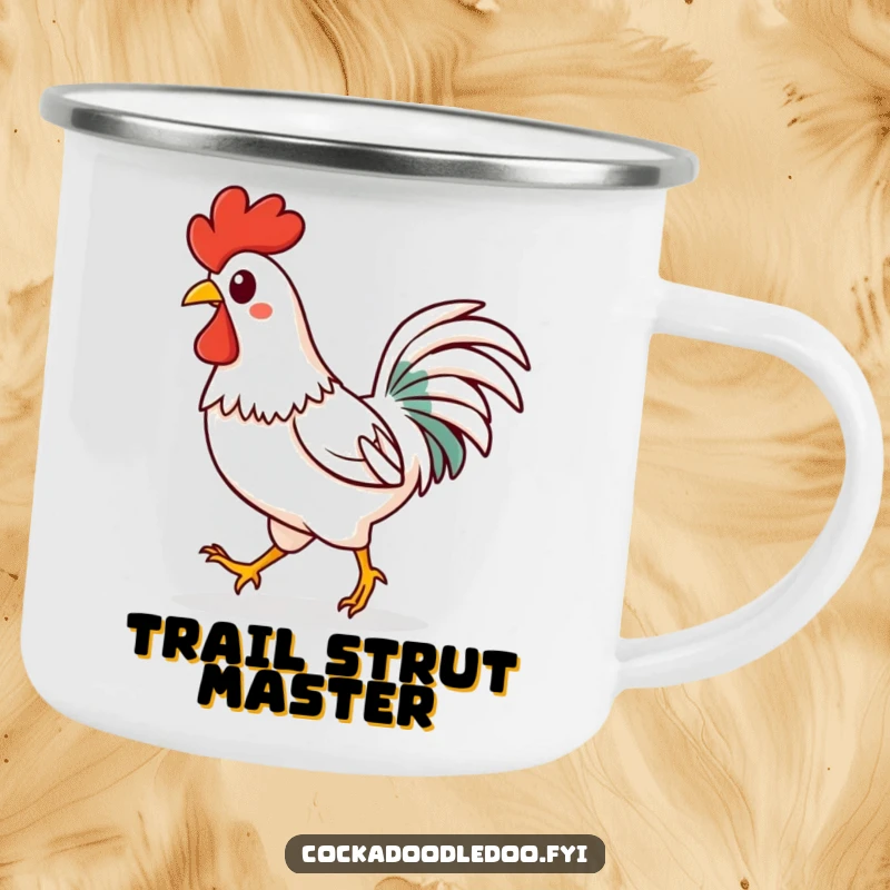 Funny Kawaii rooster camping mug featuring a happy character strutting confidently. Durable and joyful.