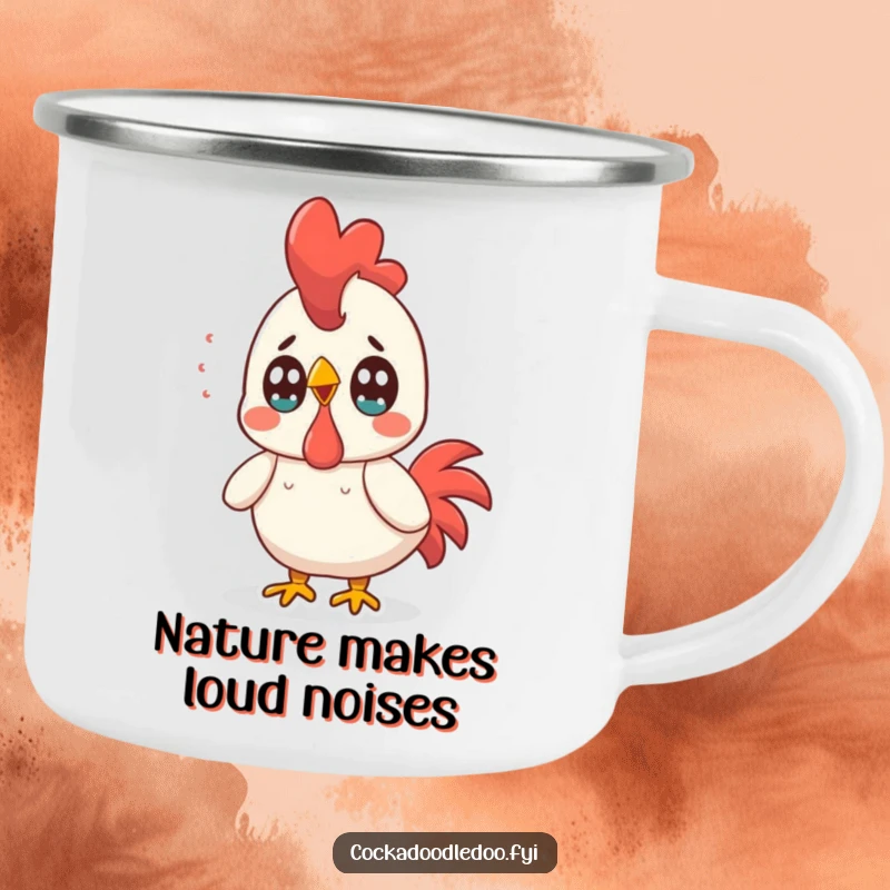 Funny Kawaii Rooster Camping Mug: Surprised rooster with wide eyes, bringing hilarious shock to outdoor trips.